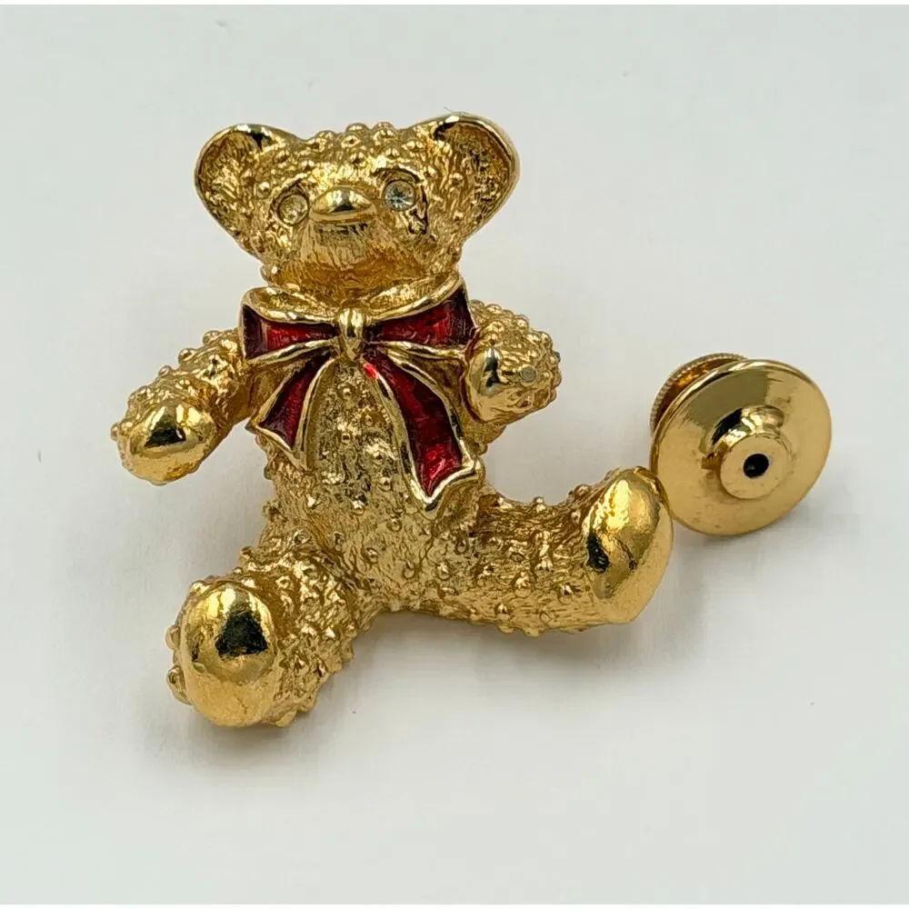 Vintage Avon Teddy Bear Pin Brooch, Gold Tone Metal, Red Enamel Bow